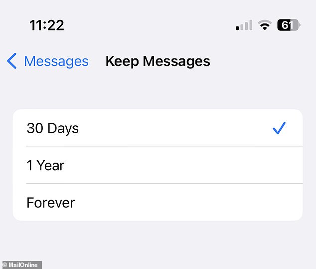But, if you select 30 days, you can permanently delete all text messages and message attachments from your device that are 30 days old