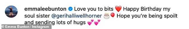 Love: She captioned the post: 'Love you to bits. Happy Birthday my soul sister @gerihalliwellhorner. Hope you’re being spoilt and sending lots of hugs'