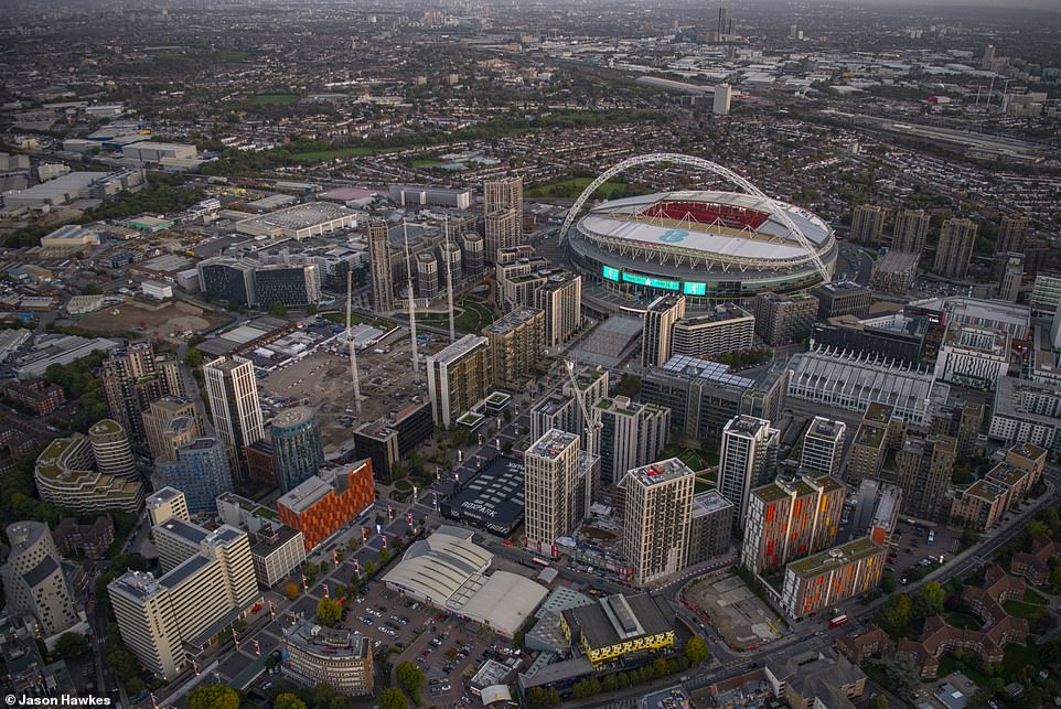 NOW: Aerial view of Empire Way, Wembley Stadium, London