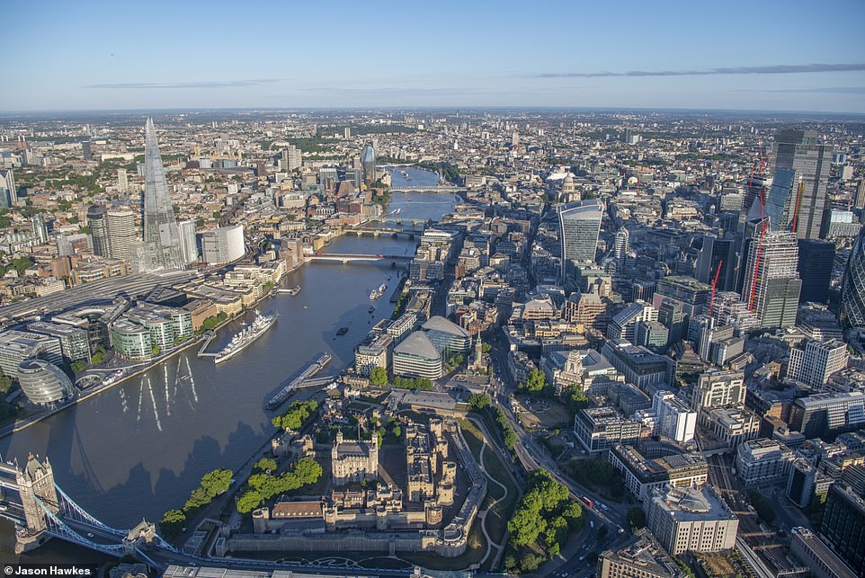 NOW: Aerial view of Tower Hill, Tower Bridge, Tooley Street, East Smithfield, Lower Thames Street, Mansell Street, Aldgate, Tower ward, City of London