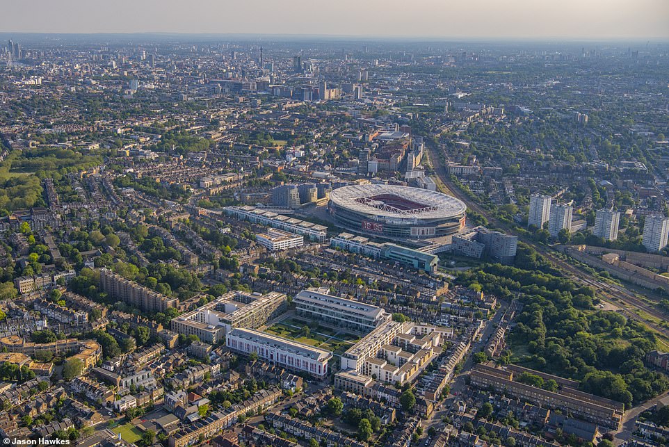 NOW: Aerial view of Holloway Road, Holloway Road, Hillmarton Road, Hornsey Road, Caledonian Road, Finsbury Park, London Borough of Islington, London