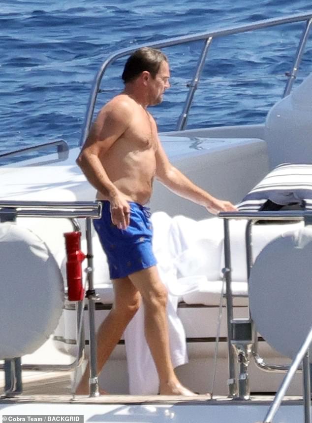 Holiday vibes: DiCaprio continued this Italian getaway aboard a luxury superyacht in Nerano after leaving Florence.