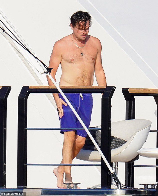 Good times: DiCaprio later showed off his shirtless physique as he enjoyed a low-key yacht day with some bikini-clad beauties in Saint Tropez
