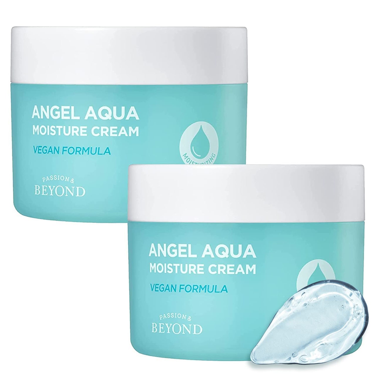 Beyond Angel Aqua Moisture Cream two turquoise jars with white lids on white background