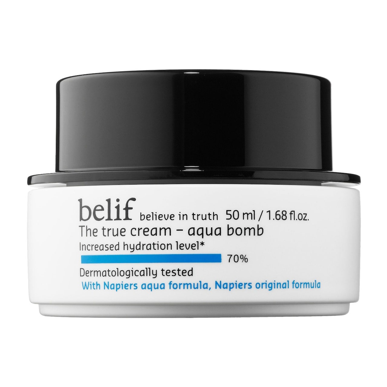 Belif The True Cream Aqua Bomb white jar with black lid on white background