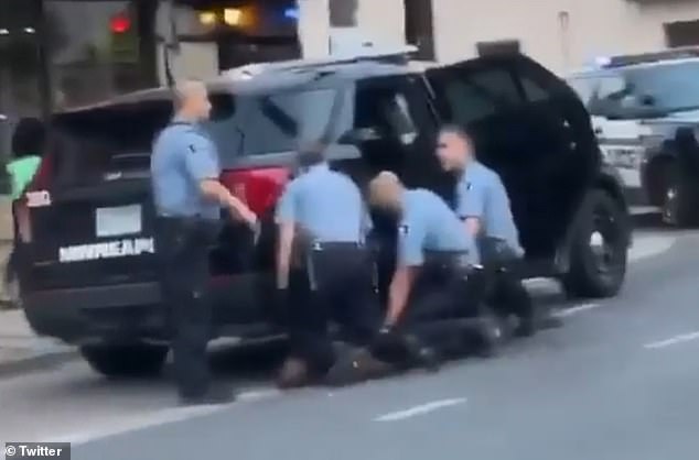 Kueng and his fellow officers Tou Thao and Thomas Lane were previously found guilty of violating Floyd's civil rights by not intervening when Chauvin kneeled on the back of Floyd's neck. All four are pictured during the incident in 2020
