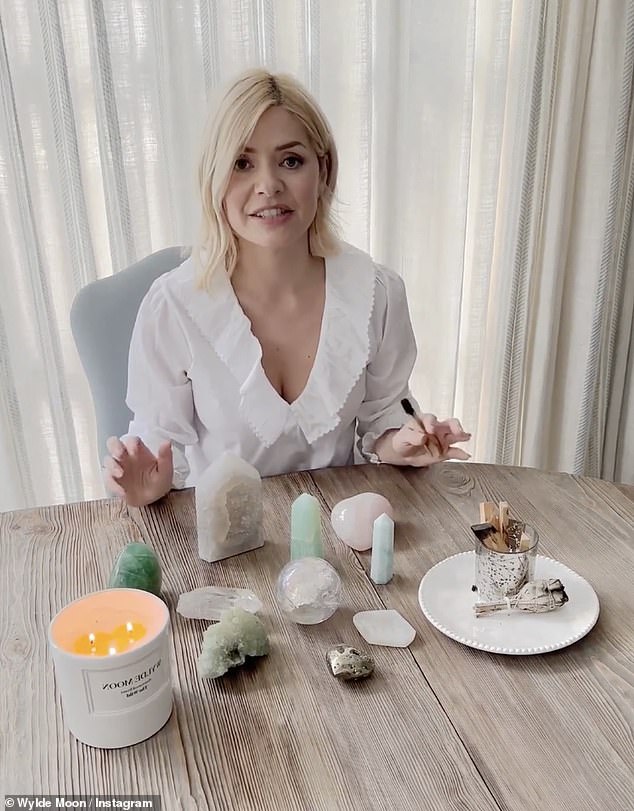 Meditation: The TV presenter, 42, set up her lifestyle brand in September 2021 and she often promotes crystal energies and meditation (Holly is pictured in a post from April)