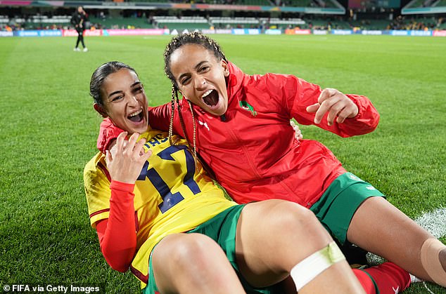 The Aussies' other possible opponent, Morocco, might be ranked far below them but recent results prove no match is easy at this stage of the tournament (pictured, Moroccan stars Hanane Ait El Haj and Fatima Tagnaout celebrate their 1-0 win over Colombia)