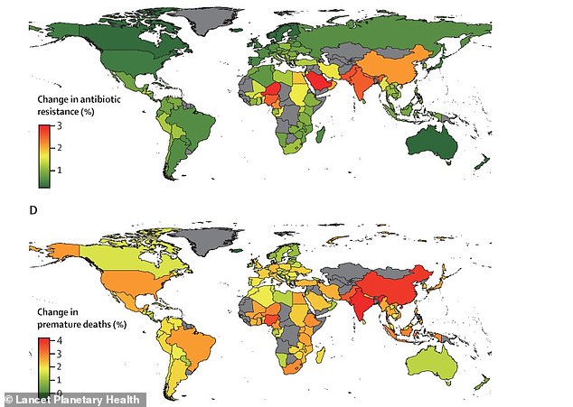 Graphs show the contribution of particles less than 2.5 micrometers in diameter (PM2.5) to antibiotic resistance around the world. High levels of antibiotic resistance were found in north Africa, the Middle East, and south Asia, whereas Europe and North America had low antibiotic-resistance levels