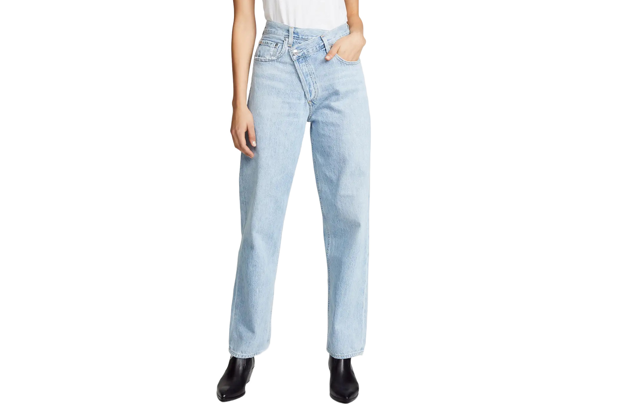 Agolde criss cross jeans on a model