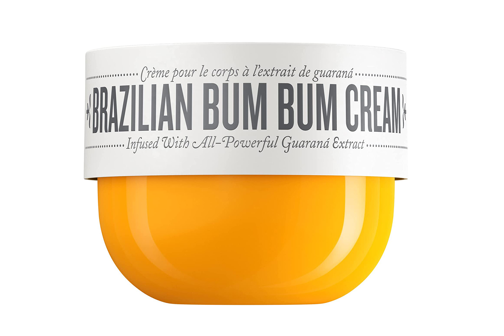 A yellow jar of Sol de Janeiro Brazilian Bum Bum Cream