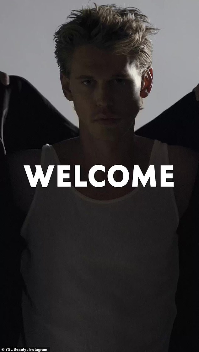 The start: The beginning of short clip had the words 'Welcome...Austin Butler' appear on the screen as the actor adjusted his blazer and struck a pose for the camera