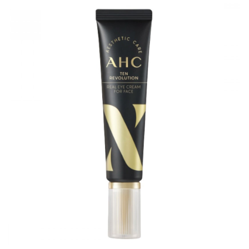 AHC Ten Revolution Real Eye Cream For Face, schwarze Tube mit goldenem Schriftzug auf weißem Hintergrund