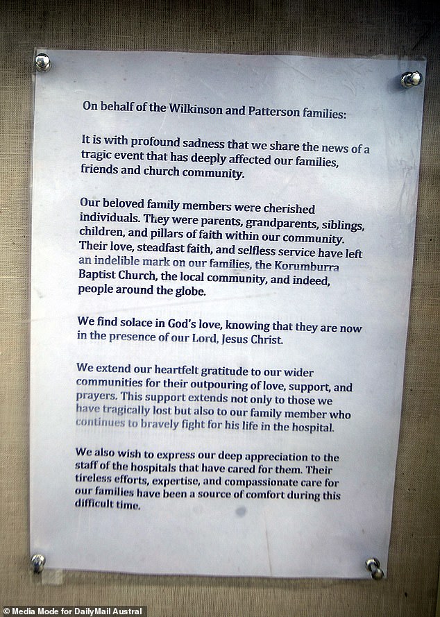 A letter, written on behalf of the Wilkinson and Patterson families, is on display there at the church