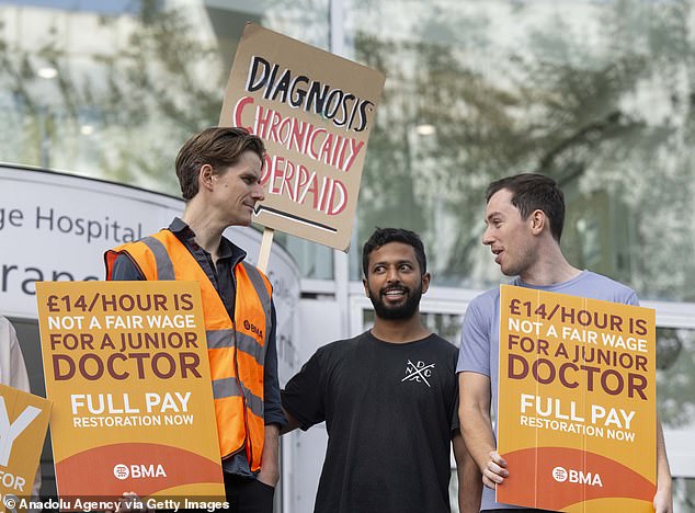 The action also comes despite junior doctors being given a six per cent pay rise and a £1,250 lump sum under No. 10's pay offer. Rishi Sunak said the deal, announced last month for 2023/24, was the Government's 'final offer'. Nurses, paramedics and other NHS staff received a five per cent rise and 'NHS backlog bonus'. Pictured, junior doctors outside University College London Hospital today