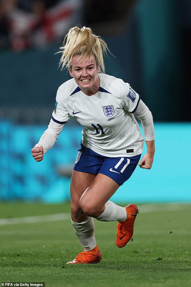 Lauren Hemp celebrates after hitting the ball home in a heroic comeback from the Lionesses