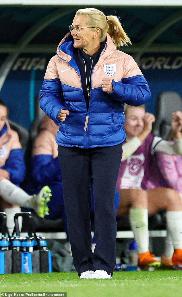 Sarina Wiegman Manager of England celebrates at full time in their quarter-final
