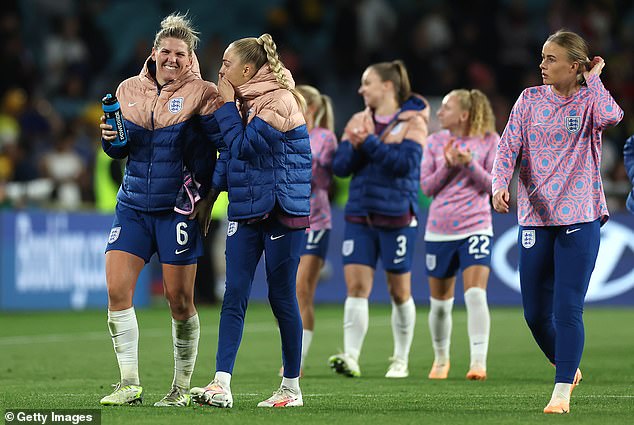 England players celebrate the team's 2-1 victory in the FIFA Women's World Cup Australia & New Zealand 2023