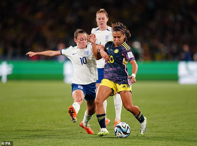 England's Ella Toone and Colombia's Leicy Santos battle for the ball during the FIFA Women's World Cup quarter-final at Stadium Australia