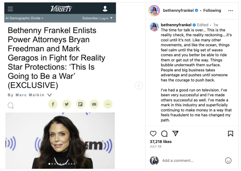Bethenny Frankel's instagram post about the dispute.