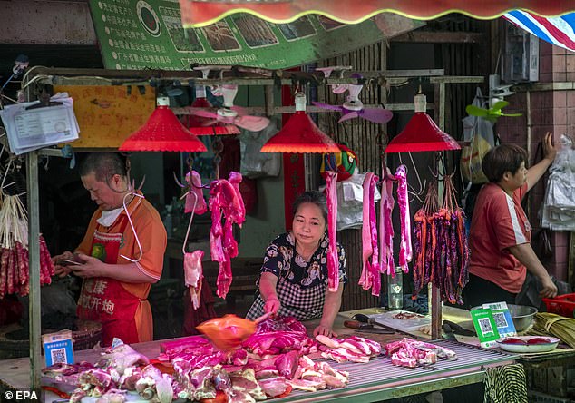 Eine Frau entfernt im Juni 2020 an einem Fleischstand auf einem Markt in Guangzhou Fliegen aus dem Fleisch. Zwischen 2015 und 2018 führten Forscher Experimente durch, um Grippeviren, die auf Chinas Feuchtmärkten gesammelt wurden, zu verstärken