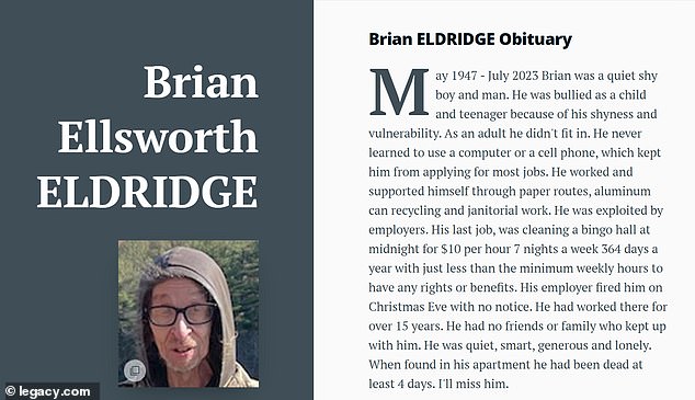Steve Eldridge sagte, er habe den Nachruf auf seinen Bruder mit „brutaler Ehrlichkeit“ geschrieben, weil ihn niemand kannte und er die Wahrheit über Brians trostloses Leben sagen wollte