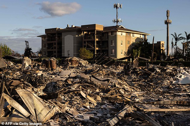 Charred remains of an apartment complex in the aftermath of a wildfire in Lahaina