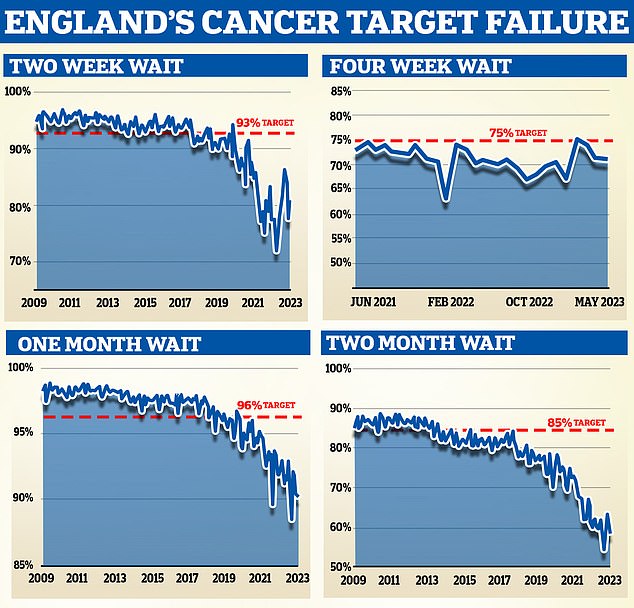 Every hospital across the country is expected to hit ten separate cancer time targets, centered around seeing suspected patients, catching their disease quickly and starting their treatment. The biggest four are: Two Week Wait From GP Urgent Referral to First Consultant Appointment (top left); One Month Wait from a Decision to Treat to a First Treatment for Cancer (bottom left); Four Week (28 days) Wait From Urgent Referral to Patient Told they have Cancer, or Cancer is Definitively Excluded (top right; and Two Month Wait from GP Urgent Referral to a First Treatment for Cancer (bottom right)