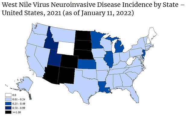 Die obige Karte zeigt Bundesstaaten, in denen das West-Nil-Virus im Zeitraum 2021 bis 2022 nachgewiesen wurde. Die Inzidenzrate wird pro 100.000 Einwohner angegeben
