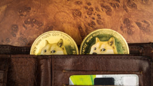 Dogecoin-Münzen mit Dogengesichtern, die aus einer braunen Lederbrieftasche hervorschauen.  Auf den Münzen stehen die Worte 
