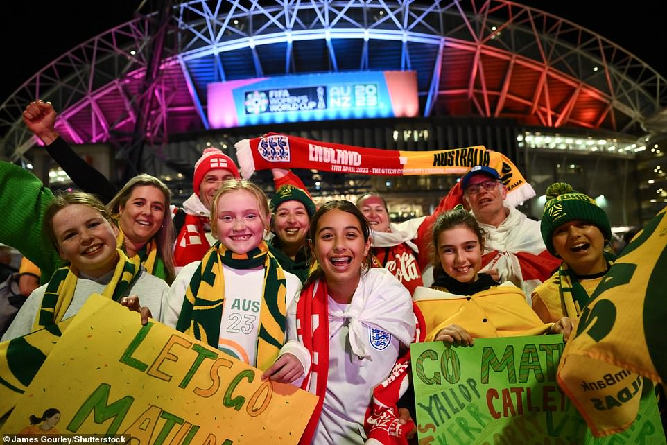 England and Australia fans ahead of the match outside Stadium Australia in Sydney today