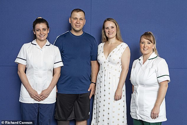 Zoltan was blue-lighted to St Mary's Hospital, one of the four major London hospitals involved in the London Trauma System, the largest medical emergency network in the UK. Pictured, Zoltan Szakecsi at St. Mary's Hospital Paddington with Kirsty Harwood, major trauma rehabilitation coordinator and physiotherapist (left) Lucinda Thomson, team lead physiotherapist (middle) and Rebecca Ledgard, specialist occupational therapist (right)