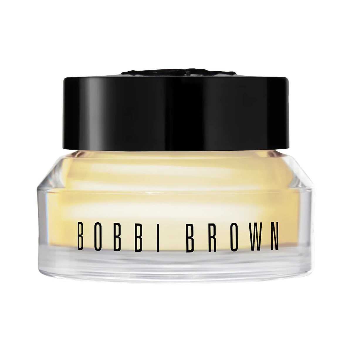 Bobbi Brown Face Base Eye Cream, klares Glas mit gelber Augencreme mit schwarzem Deckel auf weißem Hintergrund