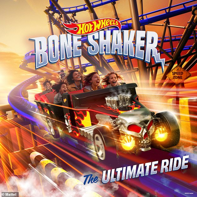Dieses Rendering zeigt die Achterbahn „Hot Wheels Bone Shaker: The Ultimate Ride“, die 84 Fuß (26 m) in die Luft klettert