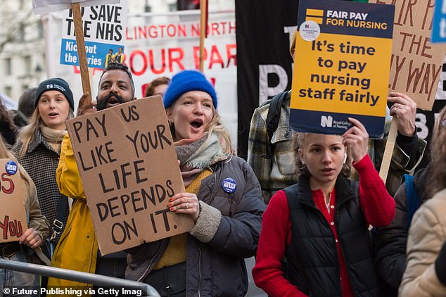 Krise der öffentlichen Gesundheit: Streik der Krankenschwestern Ende letzten Jahres in London.  Offizielle Zahlen dieses Monats zeigten, dass die NHS-Warteliste für Routineoperationen in England auf einen Rekordwert von 7,6 Millionen gestiegen ist
