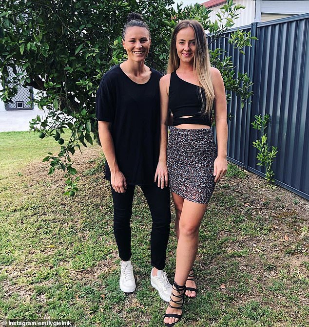 Australian footballer Emily Gielnik, 31, who is a reserve on the team today, plays as a forward for Aston Villa. She has been with her fiancée Temica Sayer for eight years (pictured together)