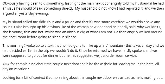 Eine Frau ging zu Reddit, um sich über ein britisches Paar zu beschweren, das in ihrem Hotel lauten Sex hatte, und enthüllte, dass ihr Mann nicht auf ihrer Seite war