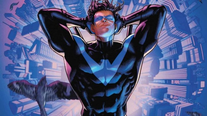 Nightwing mit den Händen hinter dem Kopf in DC Comics.