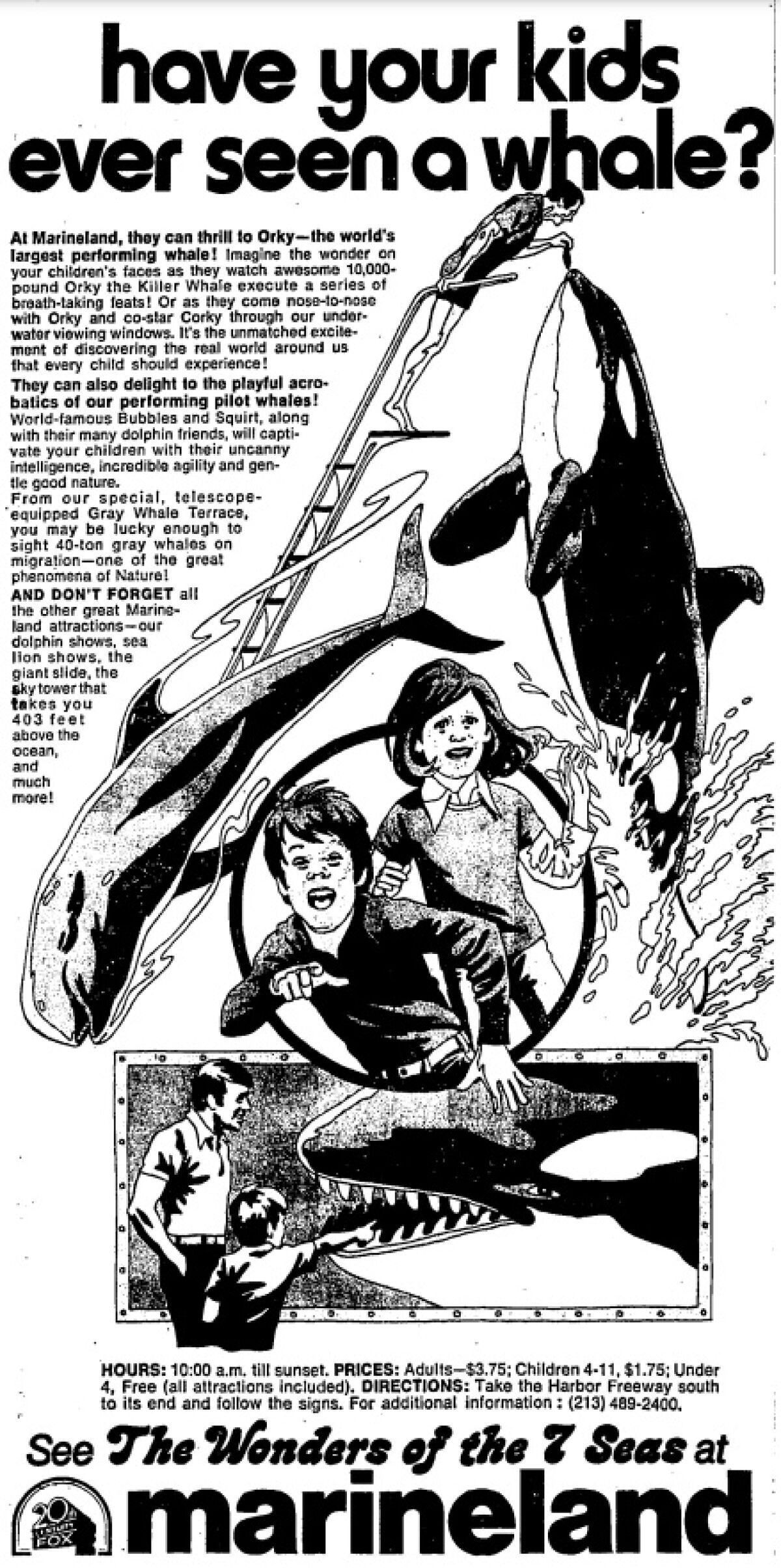 Zeitungsanzeige für Marineland fragt "Haben Ihre Kinder schon einmal einen Wal gesehen?"