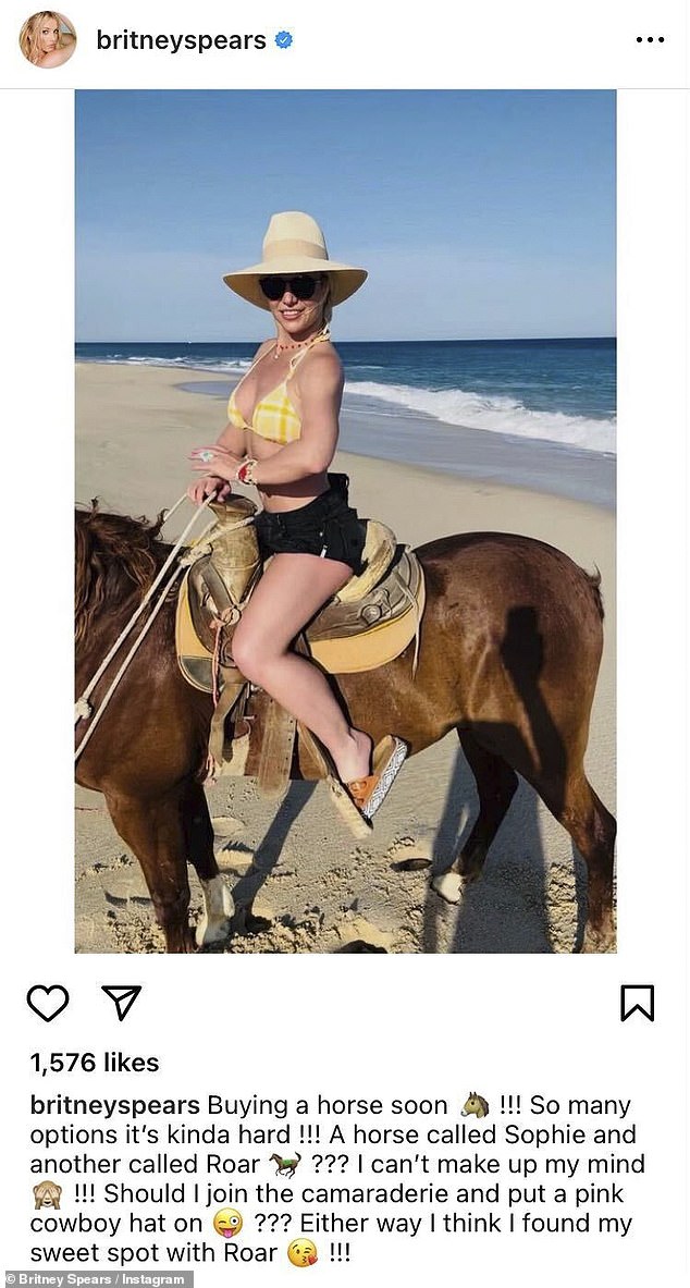 Britney hat sich noch nicht zu den Scheidungsnachrichten geäußert, aber sie hat ihr Schweigen gebrochen, indem sie einen bizarren Instagram-Beitrag geteilt hat, in dem sie geschworen hat, „bald“ ein Pferd zu kaufen.
