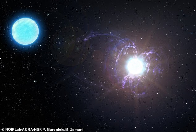 Diese künstlerische Darstellung zeigt einen höchst ungewöhnlichen Heliumstern, der eines der magnetischsten Objekte im Universum werden soll – ein Magnetar.  Der Stern ist aufgrund seines starken Magnetfelds ungewöhnlich.  In einigen Millionen Jahren wird HD 45166 als sehr helle, aber nicht besonders energiereiche Supernova explodieren.  Während dieser Explosion zieht sich sein Kern zusammen und fängt die ohnehin schon beängstigenden Magnetfeldlinien des Sterns ein und konzentriert sie.  Das Ergebnis wird ein Neutronenstern sein, dessen Magnetfeld weitaus größer ist als das seines Vorläufers