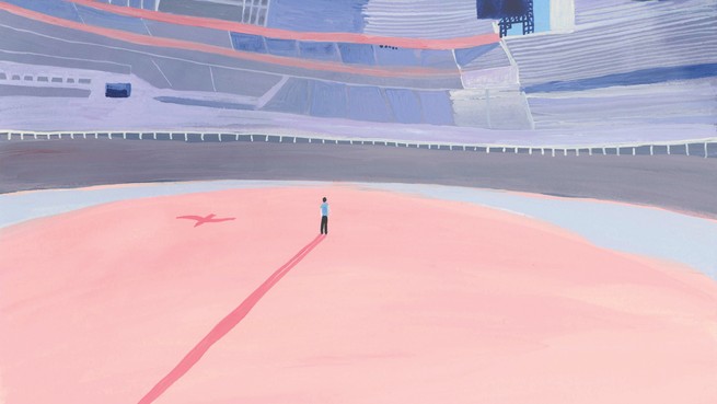 Illustration einer Person, die allein steht und einen langen Schatten auf ein pastellrosa Baseballfeld in einem riesigen, leeren Stadion wirft