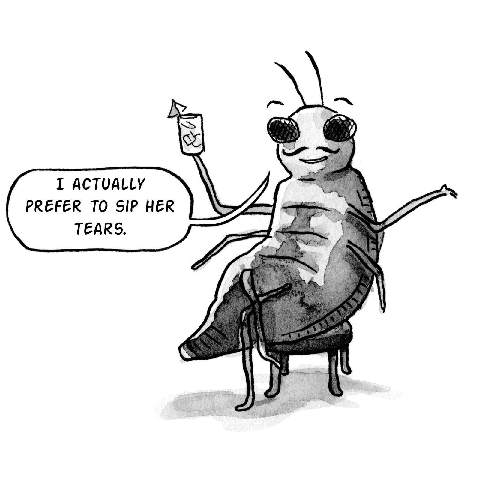 Ein Käfer, der faulenzt und einen Cocktail nippt.