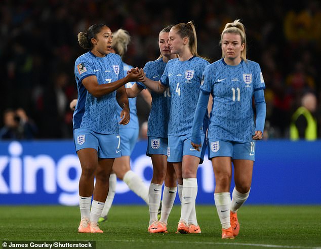 James (left), arguably the Lionesses' star of the tournament, has missed the last two matches following a red card against Nigeria, but was brought on at half-time along with Euros hero Chloe Kelly to try and turn the tide of the match