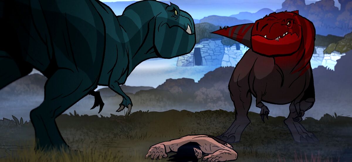 In der Zeichentrickserie liefern sich zwei T. Rexe einen Kampf um den gefallenen Menschen vor ihnen "Genndy Tartakovskys Primal." 
