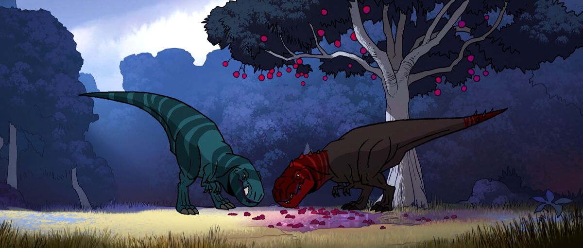 Im Zeichentrickfilm fressen zwei Dinosaurier friedlich unter einem Baum "Genndy Tartakovskys Primal."