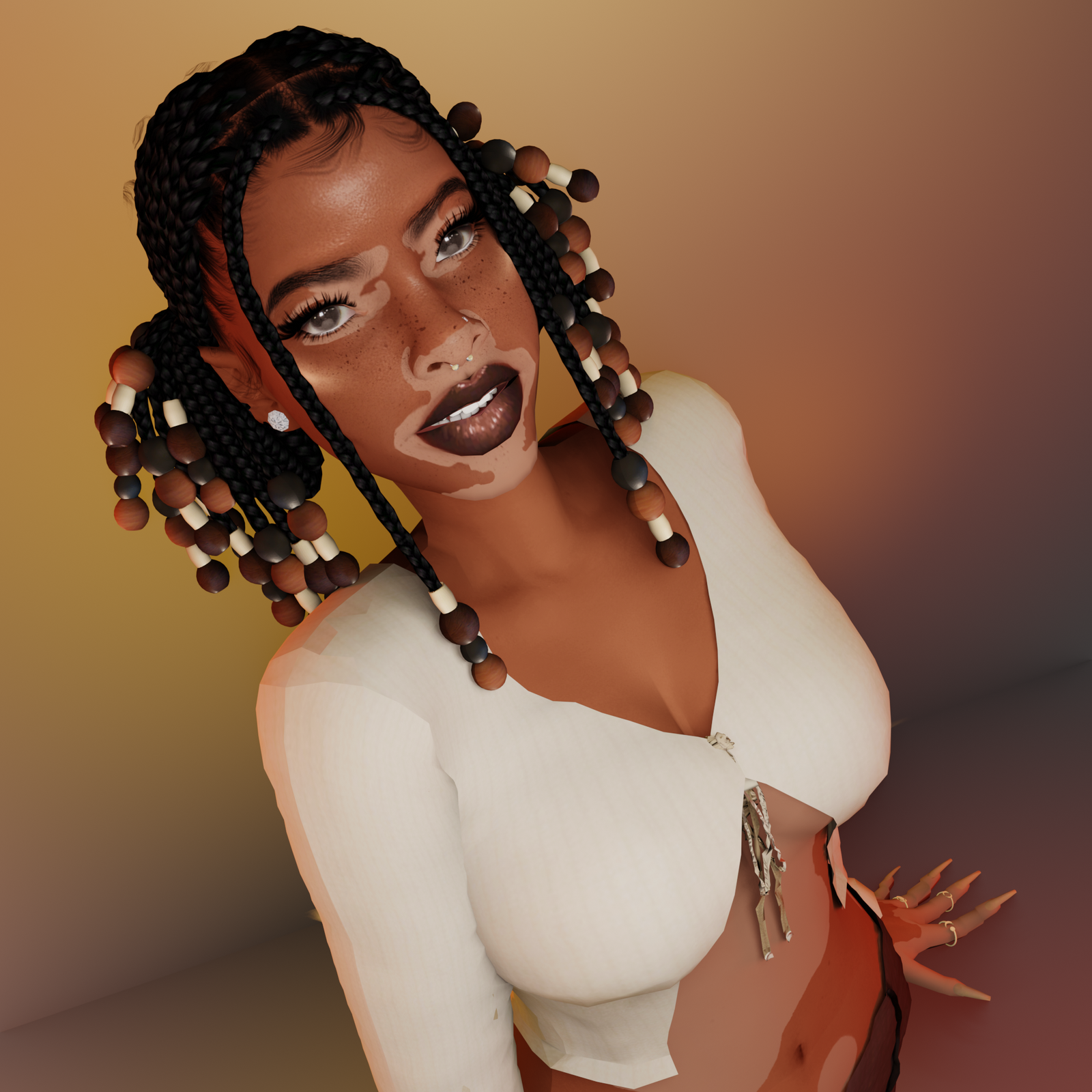 Digitale Illustration einer schwarzen Frau mit Vitiligo, die ein weißes Top und Perlenzöpfe trägt