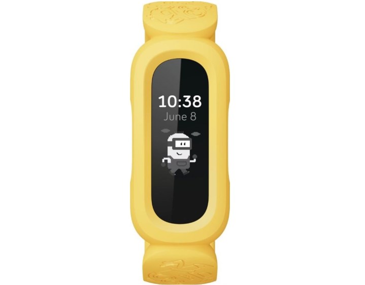 Fitbit Ace 3 Smartwatch mit gelbem Band und einem Minion-Charakter auf dem Zifferblatt.