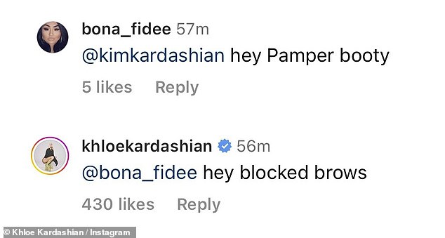 Erwiderung: Nachdem sie die unhöfliche Bemerkung gesehen hatte, warf Khloé einen genauen Blick auf die Instagram-Seite der Person und antwortete mit einem zwielichtigen Kommentar