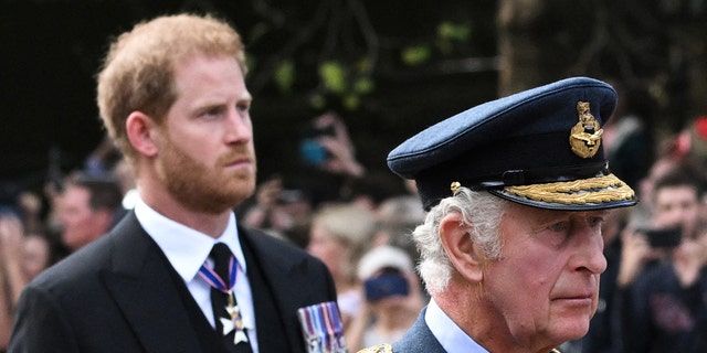 Prinz Harry sieht in einem Morgenanzug mit Orden düster aus, während er in einer Militäruniform hinter König Charles hergeht